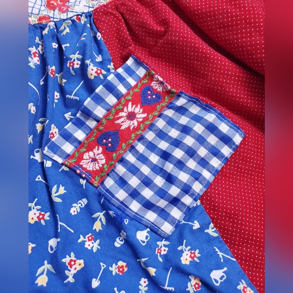 Vintage Bercot Garden Girls Puffed Sleeve Dress Size 5 Red Blue Floral Cotton - Picture 2 of 11